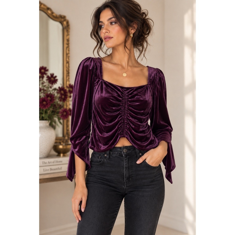 Express Plum Velvet Ruched Top Womens M Square Neck Whimsigoth Romantic Gothic